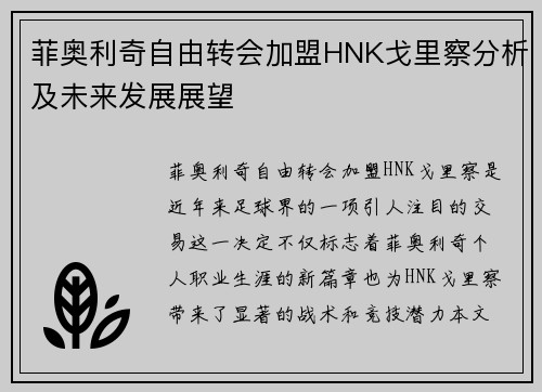 菲奥利奇自由转会加盟HNK戈里察分析及未来发展展望